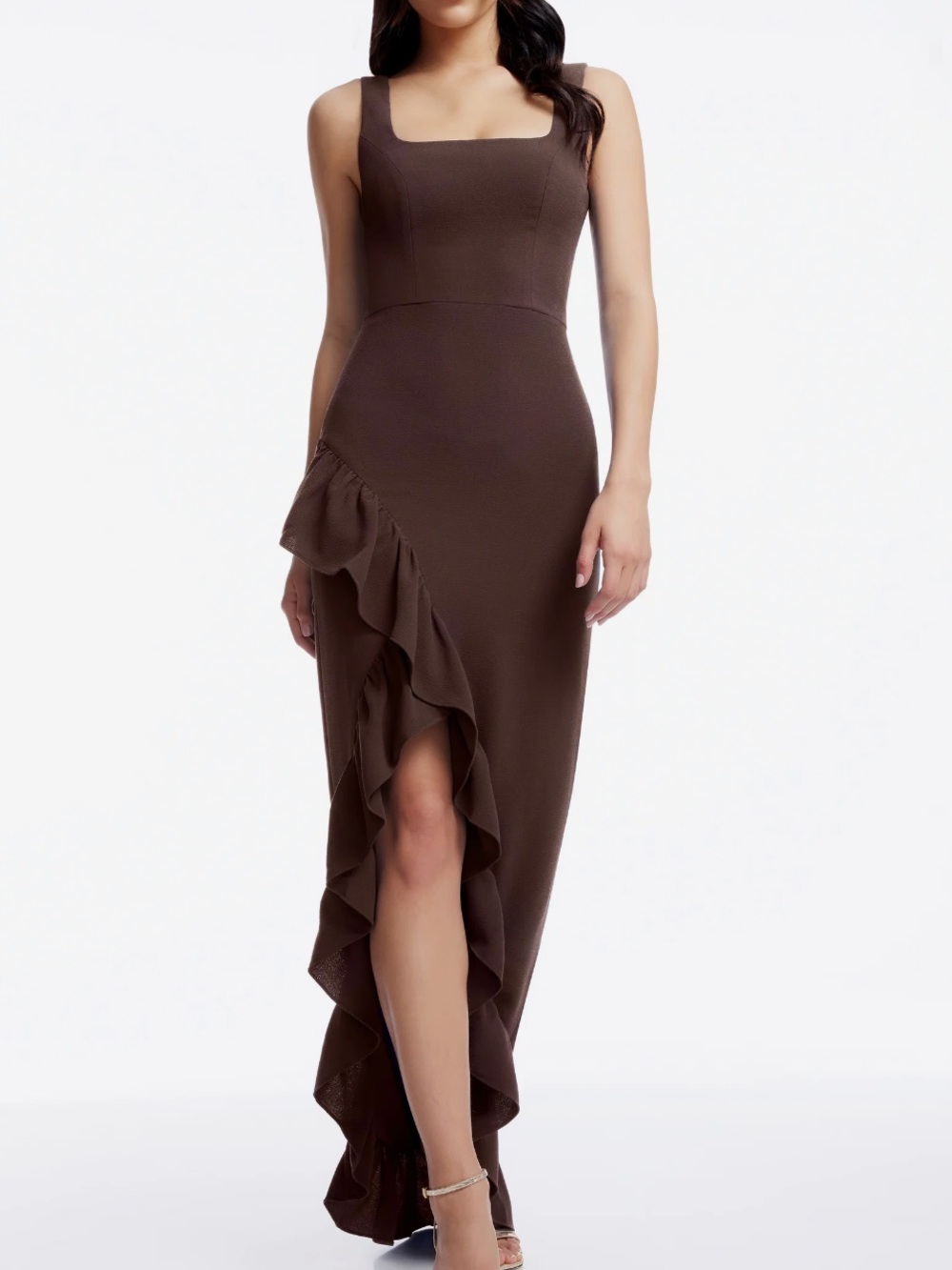 NWT Dress the Population Charlene Brown Ruffle-Slit Maxi Dress size Medium